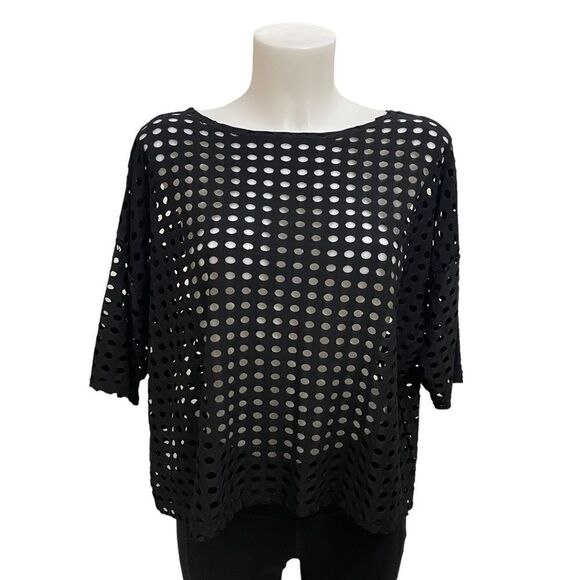 CLARA SUN WOO Black Laser Cut Split Back‎ Layering Top 3/4 sleeve medium - Picture 1 of 9